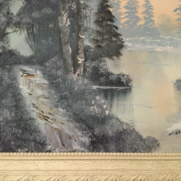 Original oil or acrylic painting canvas framed winter forest & lake snow signed - Picture 4 of 6